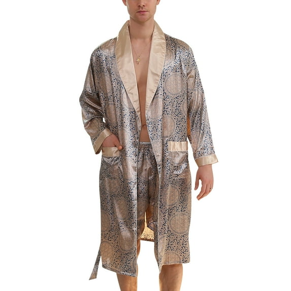 Defitshape Men's Silk Bathrobe Shorts Long Sleeves Satin Pajama Set Pockets Soft Kimono Robe Set Blue US XL (Tag4XL)
