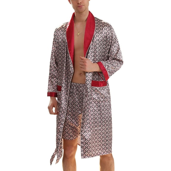 Defitshape Men's Silk Bathrobe Shorts Long Sleeves Satin Pajama Set Pockets Soft Kimono Robe Set Red US M (Tag2XL)