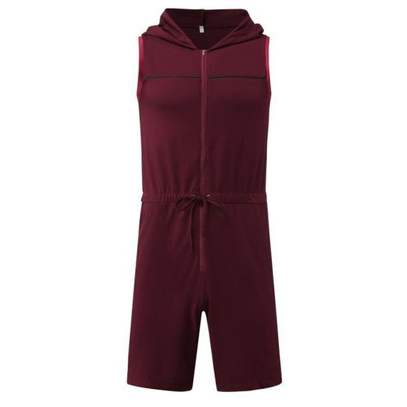 Defitshape Men's Sleeveless Romper Zip Up Rompers & Jumpers 1 Piece Tank Shorts Outfit Summer Soft Casual Workout Gym Hooded Playsuit Burgundy Medium