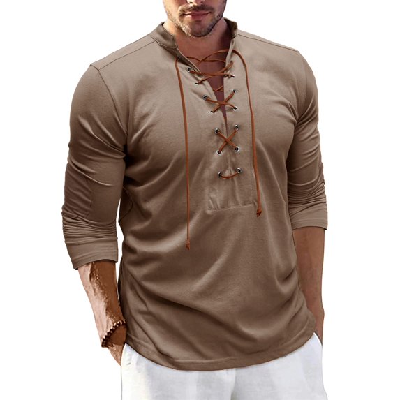 Defitshape Men's Soft Shirt Slim Fit Henley Shirts Long Sleeve Tshirt Lace Up Mock Neck Vintage Henley Shirt Lightweight Fall Top Khaki Small