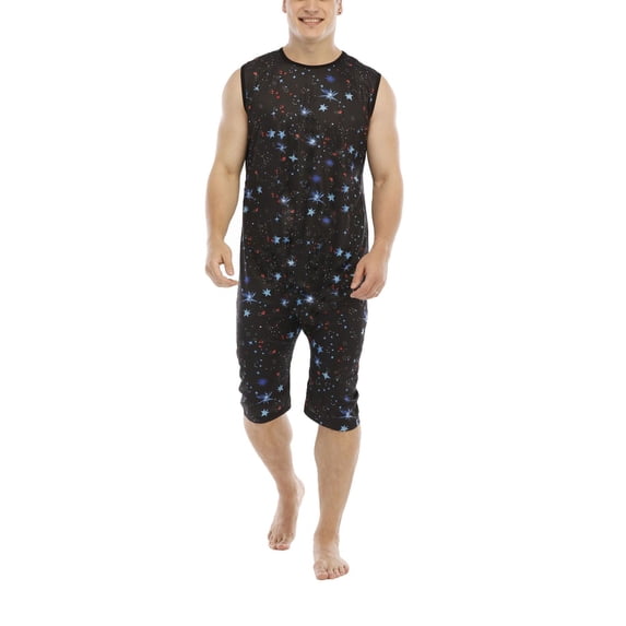 Defitshape Men's Soft Summer Onesie Sleeveless Tank Shorts Pajama Loungewear Comfy Lightweight Sleeping Knee Length Pjs Star Medium