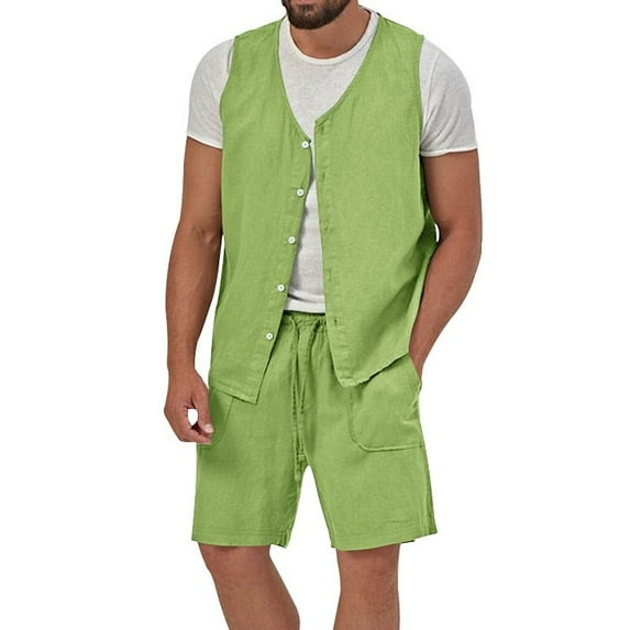 Defitshape Men's Summer 2 Piece Shorts Set Beach Fashion Comfy V Neck Spring Vest Casual Waist Coat Sleeveless Pocket Light Green Medium