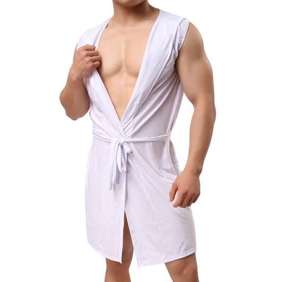 Defitshape Men's Summer Hooded Robe Sleeveless Bathrobe Comfy Soft Fall Lightweight Sleeping Gown Loose Fit Flowy Spring Loungewear Stretchy Thigh Length Sleepwear White Large