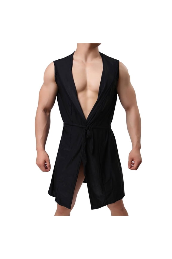 Men's Summer Hooded Robe Sleeveless Bathrobe Comfy Soft Fall Lightweight Sleeping Gown Loose Fit Flowy Spring Loungewear Stretchy Thigh Length Sleepwear Black Small