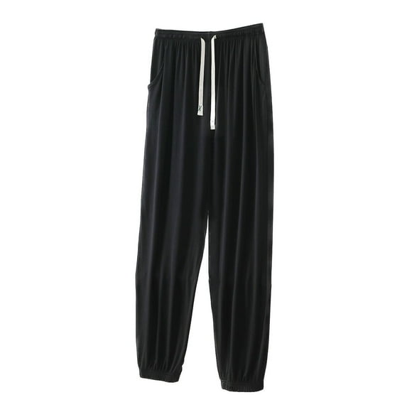 Defitshape Men's Summer Lounge Pants Soft Sleepwear Fall Modal Comfy Stretch Closed Bottom Joggers Loose Baggy Elastic Waist Nightwear w/ Pockets Lightweight Pj Bottoms Black Small-Medium