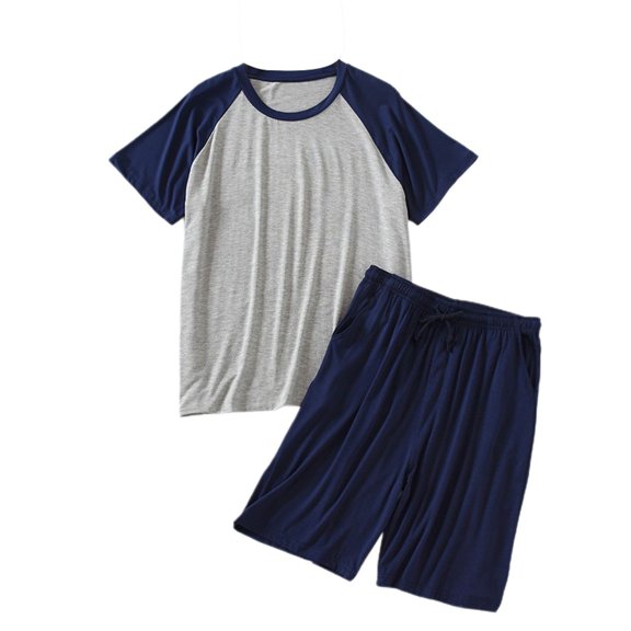Defitshape Men's Summer Pajama Set Short Sleeve Shorts Pjs 2 Piece Comfy Spring Sleepwear Soft Stretchy Drawstring Lounge Set Navy X-Large