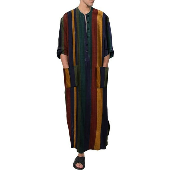 Defitshape Men's Summer Plus Size Pajamas Spring Pjs Fall Billowy Patch Pocket 3/4 Sleeve Baggy Mid Calf Light Nightshirt Yellow Large