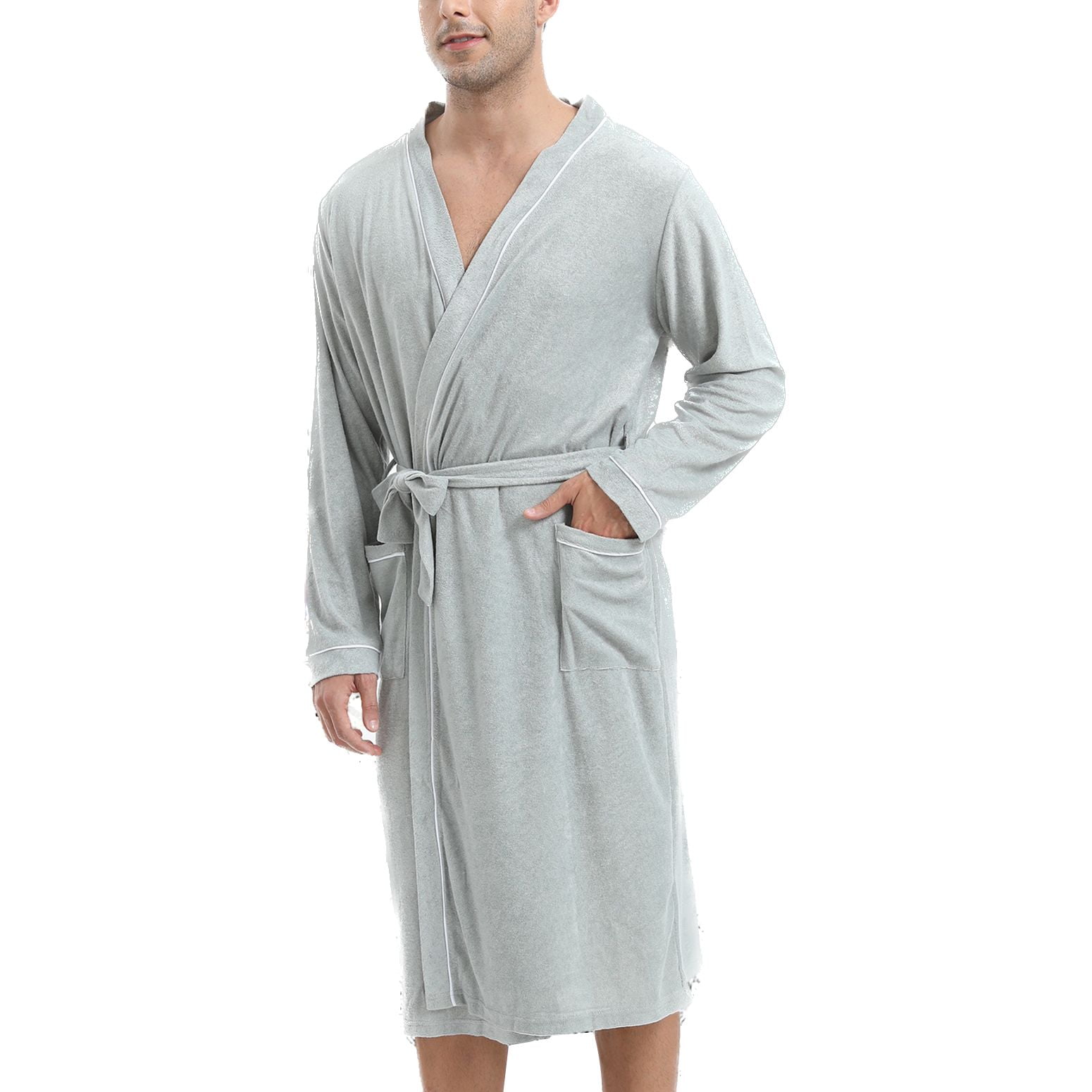 Defitshape Men's Terry Cloth Robe Long Sleeve Midi Bathrobe Soft Comfy ...
