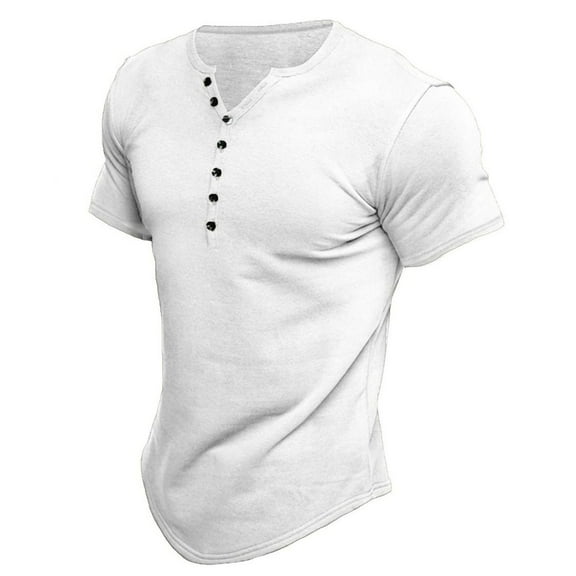 Defitshape Men's V Neck Henley T Shirt Short Sleeve Tshirt Soft Crew Neck Cotton Summer Stretch Vacation Basic T-shirt White Large