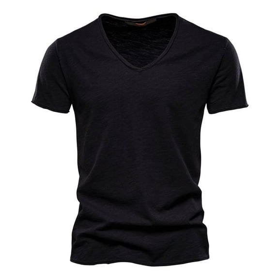 Defitshape Men's V Neck T Shirt Soft Top Cotton Short Sleeve Summer Casual Fitted Classic Comfy Slim Fit Tees Tshirt Black X-Large