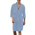 thumbnail image 1 of Defitshape Men's Waffle Knit Robe Slim Fit Fall Spring 3/4 Sleeve Sleepwear Knee Length Long Sleeve Soft Comfy V Neck House Bath SPA Hotel Hot Tub Bathrobe w/ Pockets Blue Small-Medium, 1 of 5