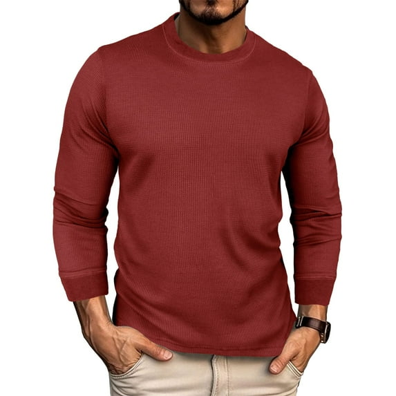 Defitshape Men's Waffle Knit Tshirt High Low Soft Tee Stretch Crew Neck Spring Fall Side Split Comfy Fall Top Basic Slim Fit Tshirt Solid Long Sleeve Shirt Burgundy X-Large