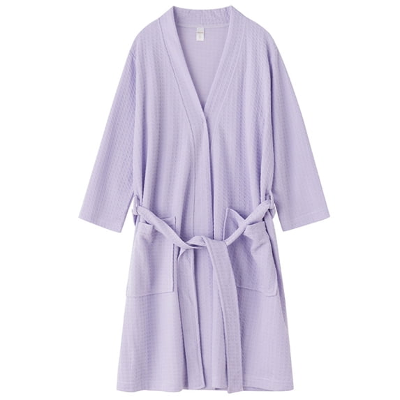 Defitshape Men's Waffle Robe Kimono Spa Bathrobe Short Soft Knee Length Lightweight Light with Pockets Bath Robe Shower Pool Summer House Lounge Sleepwear Thin 3/4 Sleeve Purple Medium-Large