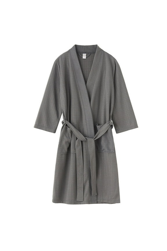 Men's Waffle Robe Kimono Spa Bathrobe Short Soft Knee Length Lightweight Light with Pockets Bath Robe Shower Pool Summer House Lounge Sleepwear Thin 3/4 Sleeve Grey X-Small-Small