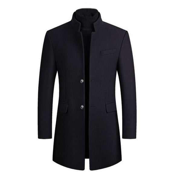 Defitshape Men's Wool Blend Pea Coat Long Sleeve Thick Quilted Trench Coat Business Casual Long Jackets & Coats Single Breasted Winter Fall Slim Fit Peacoat Navy X-Small