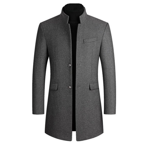 Defitshape Men's Wool Blend Pea Coat Long Sleeve Thick Quilted Trench Coat Business Casual Long Jackets & Coats Single Breasted Winter Fall Slim Fit Peacoat Grey Small