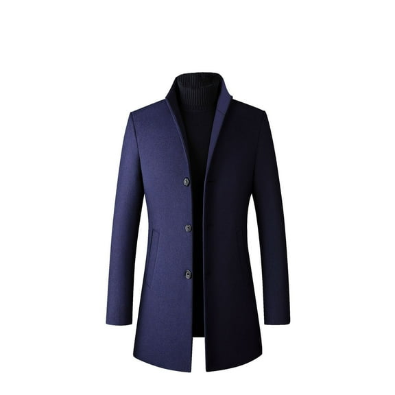 Defitshape Men's Wool Pea Coats Thick Fall Long Sleeve Button Down Long Dressy Jacket Business Long Quilted Single Breasted Topcoat Slim Fit Peacoat Winter Trench Coat Navy Large
