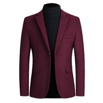 Defitshape Men's Wool Slim Fit Blazer Winter Fall Coats Spring Fashion Long Sleeve Suit Jacket Button Pocket Slimming Outerwear Burgundy Medium