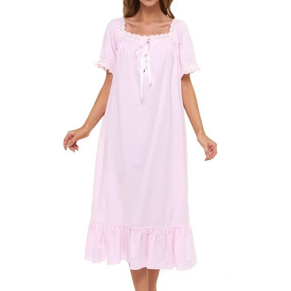 Defitshape Women's 100 Cotton Nightgown Victorian Old Fashioned 2xl Womens Nightgown Short Sleeve Night Dress Sleep Calf Length Ruffle Nightdress Scoop Neck Lace Pink XX-Large