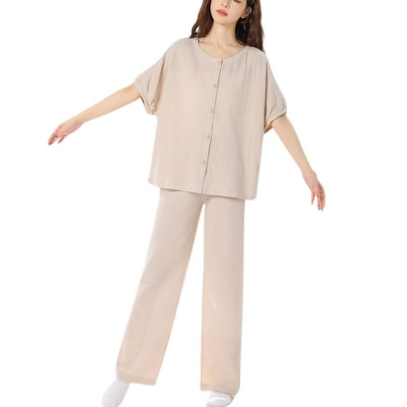 Defitshape Women's 100 Cotton Pajama Set Soft Textured 2 Piece Button Up Lounge Set Short Sleeve Shirt Pants Set Soft Light Comfy Loose Lightweight Pjs Summer Fall Sleepwear Apricot Large