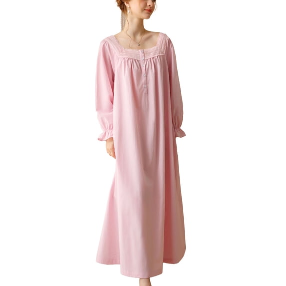 Defitshape Women's 100 Cotton Victorian Nightgown Bishop Long Sleeve Square Neck Princess Sleep Dress Soft Comfy Full Length Pajama Dress Button Lounge Winter Fall Sleepwear Pink Medium