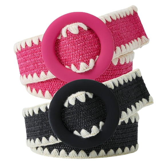 Defitshape Women's 2 Pack Raffia Belts Rattan Woven Braided Buckle Belt For Dress Elegant Wide Holeless Stretch Thick Chic Casual O Ring Boho Adjustable Belt Black Rose X-Small-Large