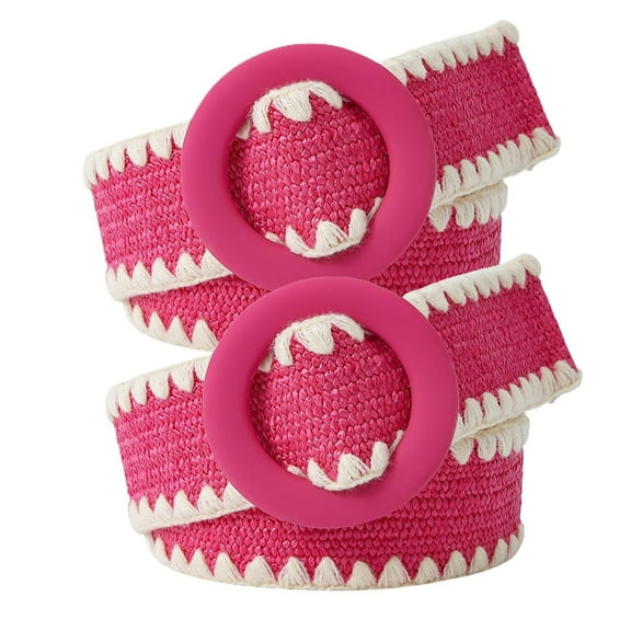 Defitshape Women's 2 Pack Raffia Belts Rattan Woven Braided Buckle Belt For Dress Elegant Wide Holeless Stretch Thick Chic Casual O Ring Boho Adjustable Belt Rose X-Small-Large