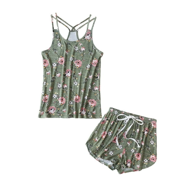 Defitshape Women's 2 Piece Cami Shorts Pajamas Summer Soft Holiday Family Cami Cool Lightweight Modal Pjs Olive X-Large