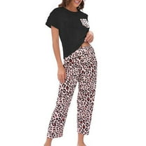 Defitshape Women's 2 Piece Pajama Set Animal Printed Summer Sleepwear Soft Lightweight Lounge Set Short Sleeve Capri Pants Cute Spring Sleeping Pj Set Black Medium