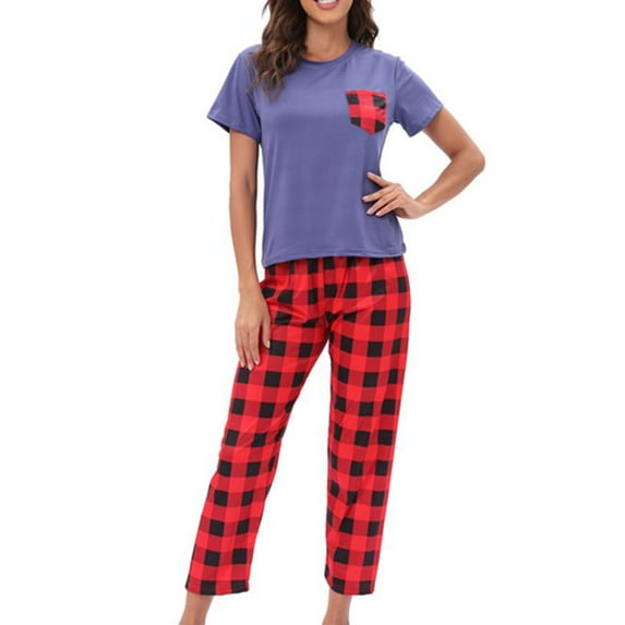 Defitshape Women's 2 Piece Pajama Set Animal Printed Summer Sleepwear Soft Lightweight Lounge Set Short Sleeve Capri Pants Cute Spring Sleeping Pj Set Blue Medium