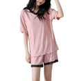 thumbnail image 1 of Defitshape Women's 2 Piece Pajamas Soft Ribbed Knit Pjs Short Sleeve Shirt Shorts Set Lightweight Thin Summer V Neck Cute Sleeping Lace Sleepwear Pink Large, 1 of 4