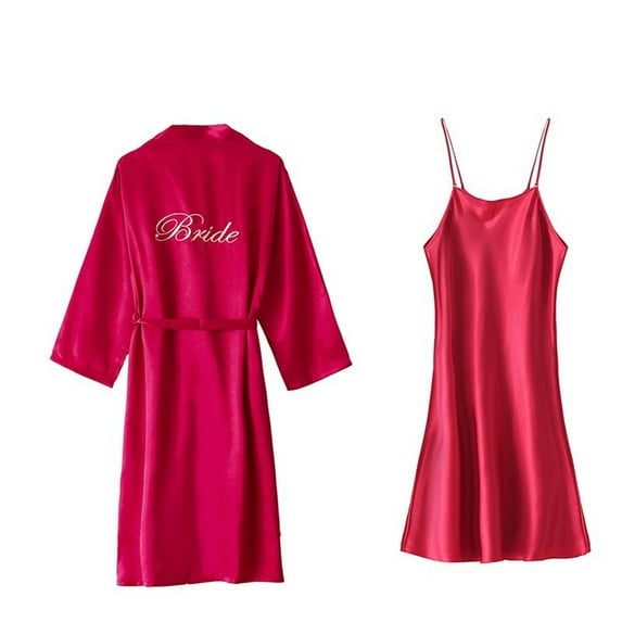 Defitshape Women's 2 Piece Robe Set Soft Chemise Nightgown Summer Satin Silk Bathrobe Lightweight Valentines Day Bridesmaid Bride Burgundy X-Small