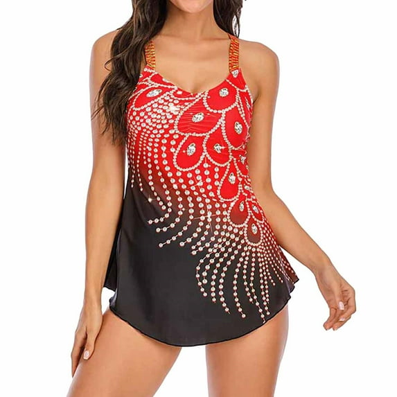 Defitshape Women's 2 Piece Skirted Bathing Suit Beaded Rhinestone Tummy Control Tankini Swim Suit Feather V Neck Sailor Flyaway Swim Dress Full Coverage Long Torso Modest Swimwear Red Medium
