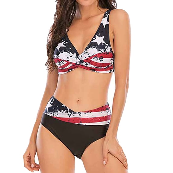 Defitshape Women's 2 Piece Swimsuit Bathing Suit Bikini V Neck Swimwear Mid Waisted Pad Shirred Tummy Control Printed Black American Flag Patterned1 Medium