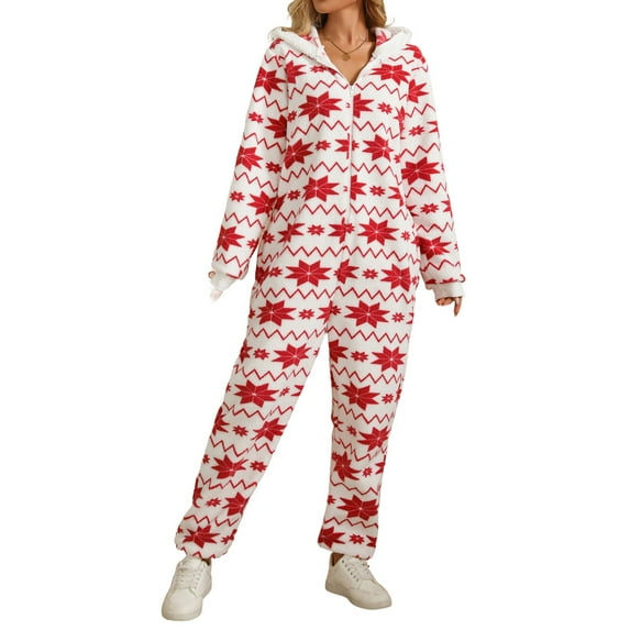 Defitshape Women's 2025 Christmas Onesies Pajamas Printed Hooded Adult One Piece Sleepwear Plush Fleece Jumper Bottom Closed Classic Casual Half Zip Cold Weather Jumpsuit Red Medium