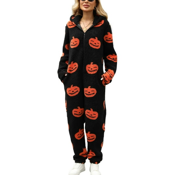 Defitshape Women's 2025 Onesies Pajamas Hooded Adult One Piece Sleepwear Halloween Fuzzy Fleece Cold Weather Furry Bottom Closed Ankle Jumpsuit Black Small