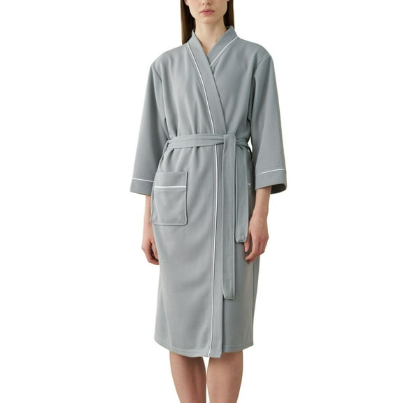 Defitshape Women's 3/4 Sleeve Bathrobe Absorbent Spa Robes Billowy Fall Belt Classic Loops Patch Pocket Bath Robe Green XX-Large-3X-Large