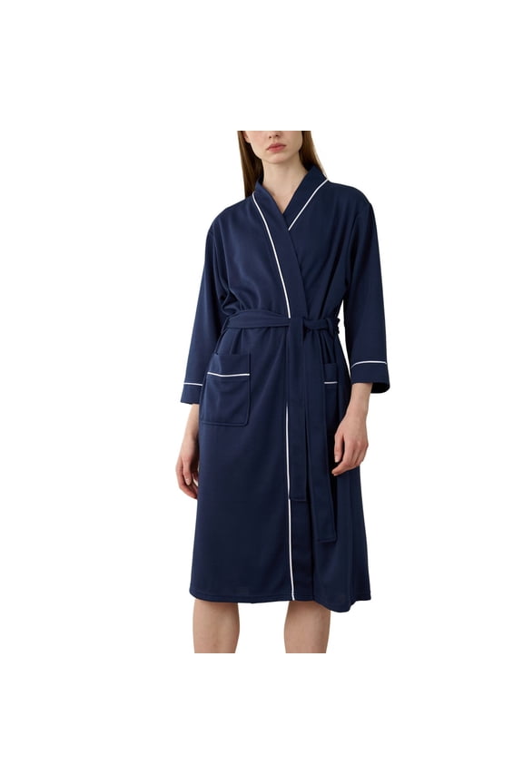 Women's 3/4 Sleeve Bathrobe Absorbent Spa Robes Billowy Fall Belt Classic Loops Patch Pocket Bath Robe Navy XX-Large-3X-Large