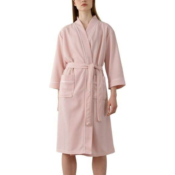 Defitshape Women's 3/4 Sleeve Bathrobe Absorbent Spa Robes Billowy Fall Belt Classic Loops Patch Pocket Bath Robe Pink XX-Large-3X-Large