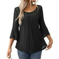 thumbnail image 1 of Defitshape Women's 3/4 Sleeve Blouse Casual Blouse Shirt Chic Crew Neck Chiffon Date Flare Sleeve Illusion Shirt Black Large, 1 of 5
