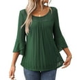 thumbnail image 1 of Defitshape Women's 3/4 Sleeve Blouse Casual Blouse Shirt Chic Crew Neck Chiffon Date Flare Sleeve Illusion Shirt Dark Green Medium, 1 of 5