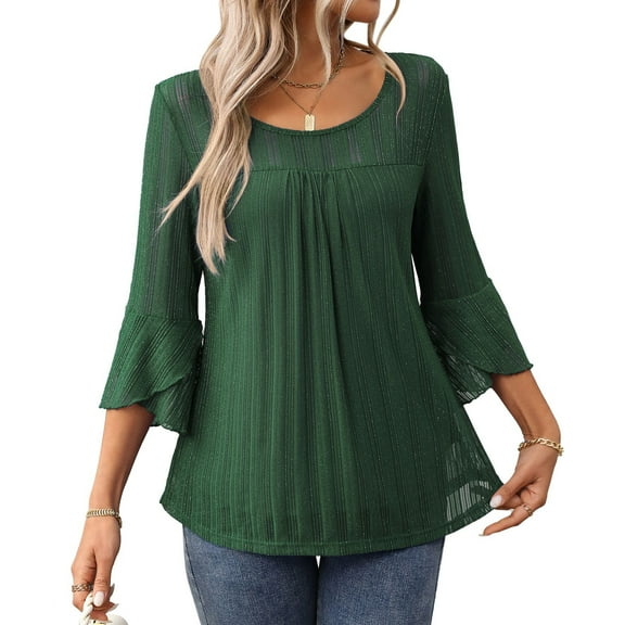 Defitshape Women's 3/4 Sleeve Blouse Casual Blouse Shirt Chic Crew Neck Chiffon Date Flare Sleeve Illusion Shirt Dark Green Small