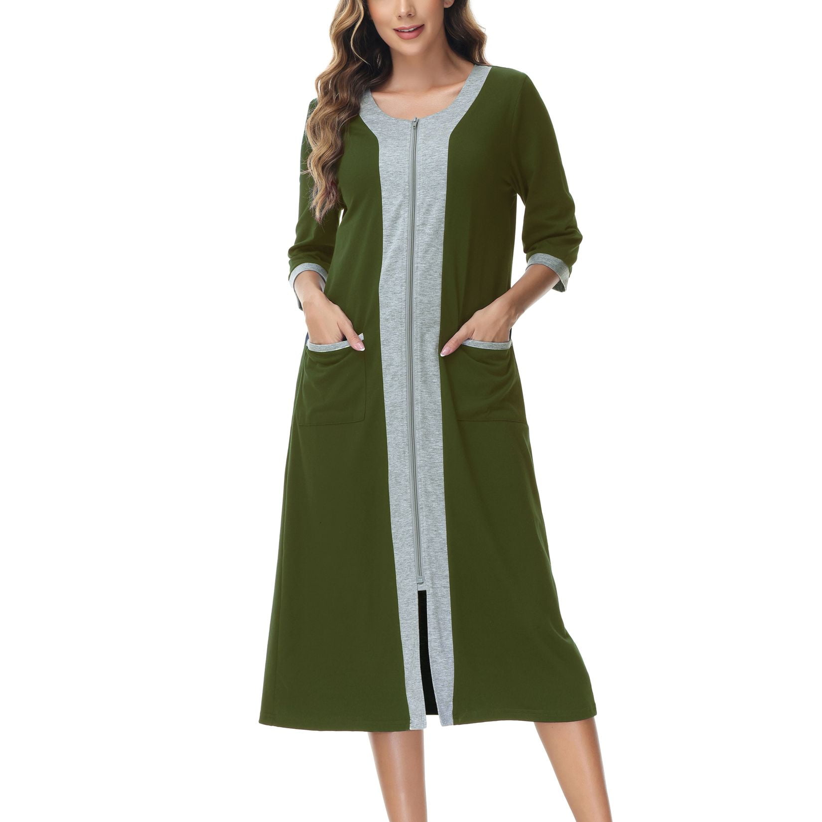 Defitshape Women's 3/4 Sleeve Robe House Coat Zipper Bathrobes Full Zip ...
