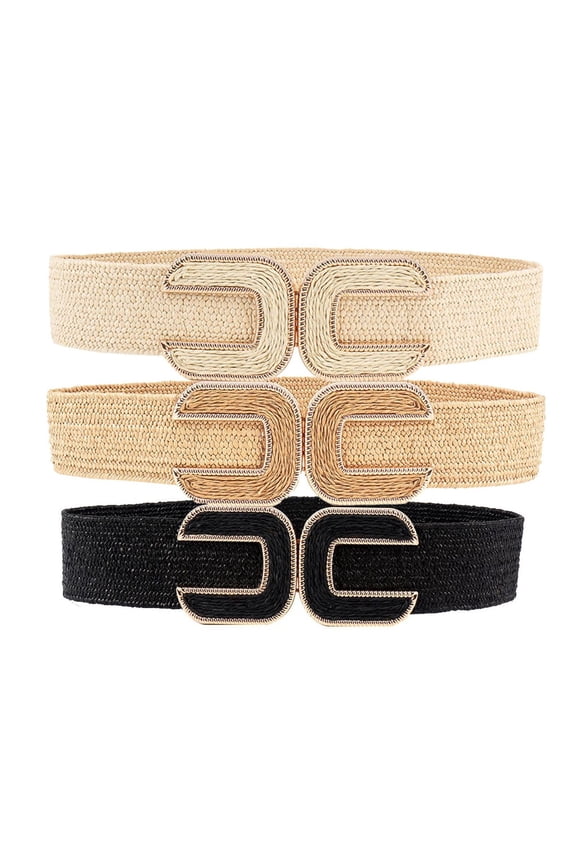 Women's 3 Pack Metal Braided Belt Fashion Holeless Buckle Braided Raffia Summer Web Belt Black Beige Coffee X-Small-Large