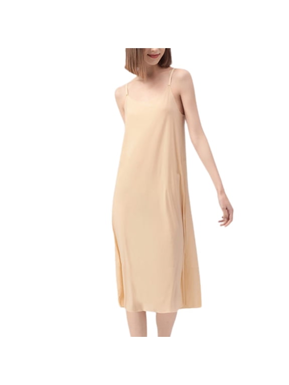 Women's Adjustable Full Slip for Under Dresses Spring Fall Soft Casual Slip Dress Lightweight Stretch Undergarment Sleeveless Nightgown Long Cami DressNude Large