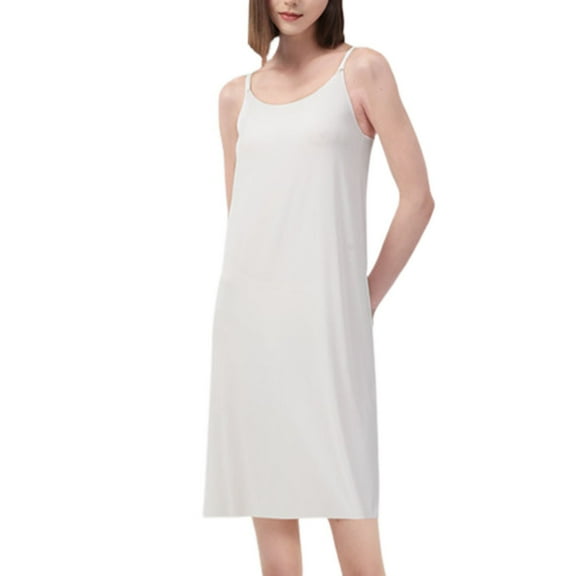 Defitshape Women's Adjustable Full Slip for Under Dresses Spring Fall Soft Casual Slip Dress Lightweight Stretch Undergarment Sleeveless Nightgown Long Cami DressWhite Small