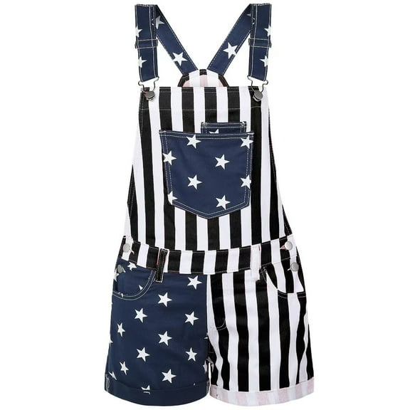 Defitshape Women's American Flag Overalls 4th of July Patriotic Jumpsuit Outfit Funny Summer Rompers Casual Adjustable Bibs Black Large