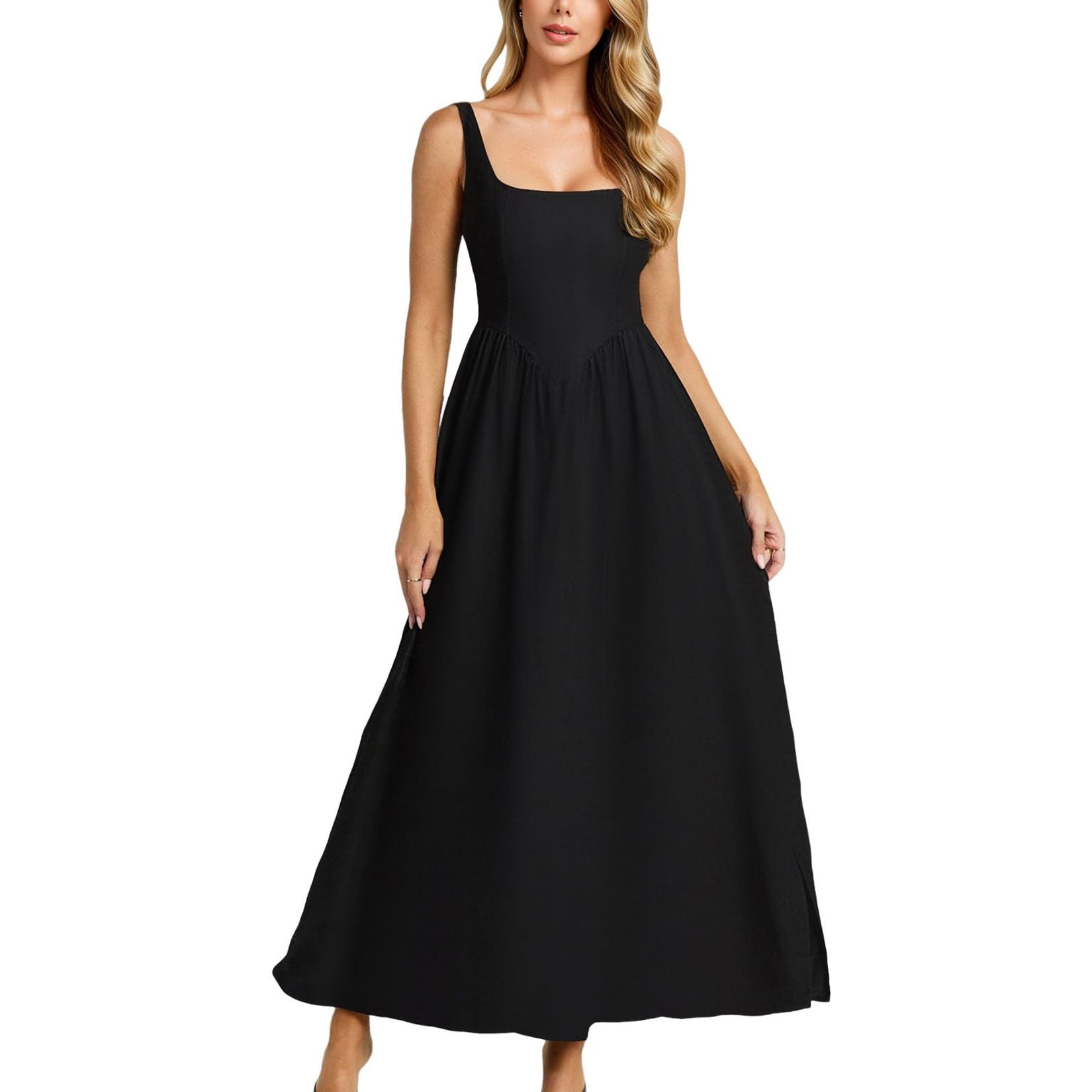 Defitshape Women's Ankle A Line Long Dress Backless Dresses Autumn Bunched Sleeveless Billowy Chic Shirred Waist Sundress Black Large