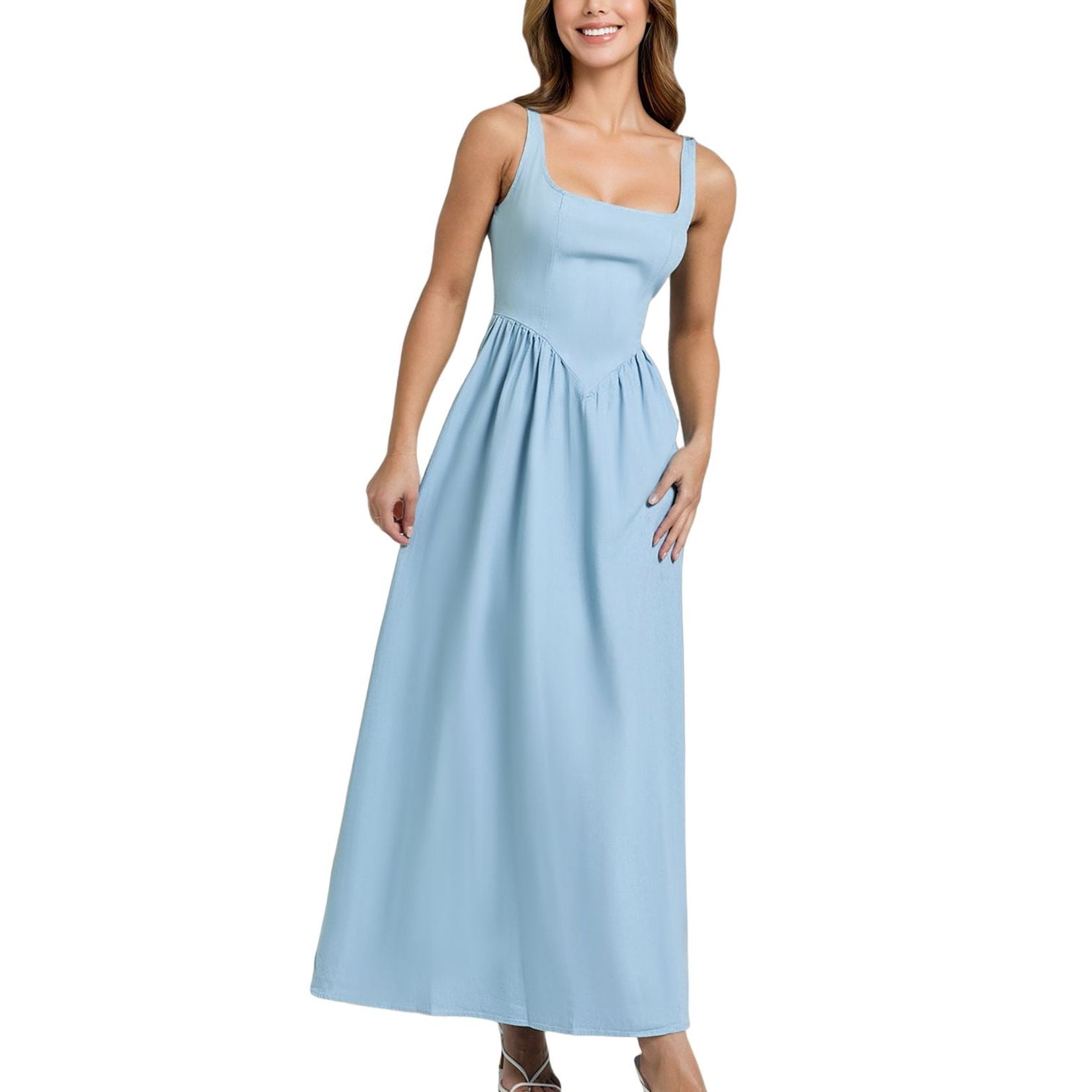 Defitshape Women's Ankle A Line Long Dress Backless Dresses Autumn Bunched  Sleeveless Billowy Chic Shirred Waist Sundress Coffee Large - Walmart.com