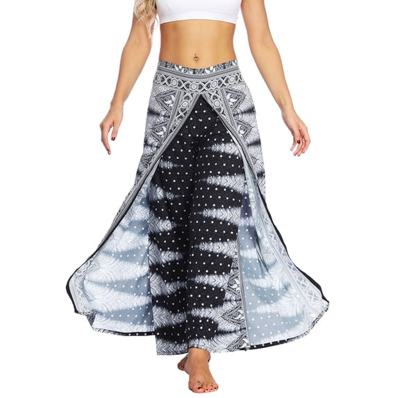 Defitshape Women's Beach Pants Boho Pants Wide Leg Palazzo Slit Yoga Workout Palazzo Hippie Pattern6 L/XL
